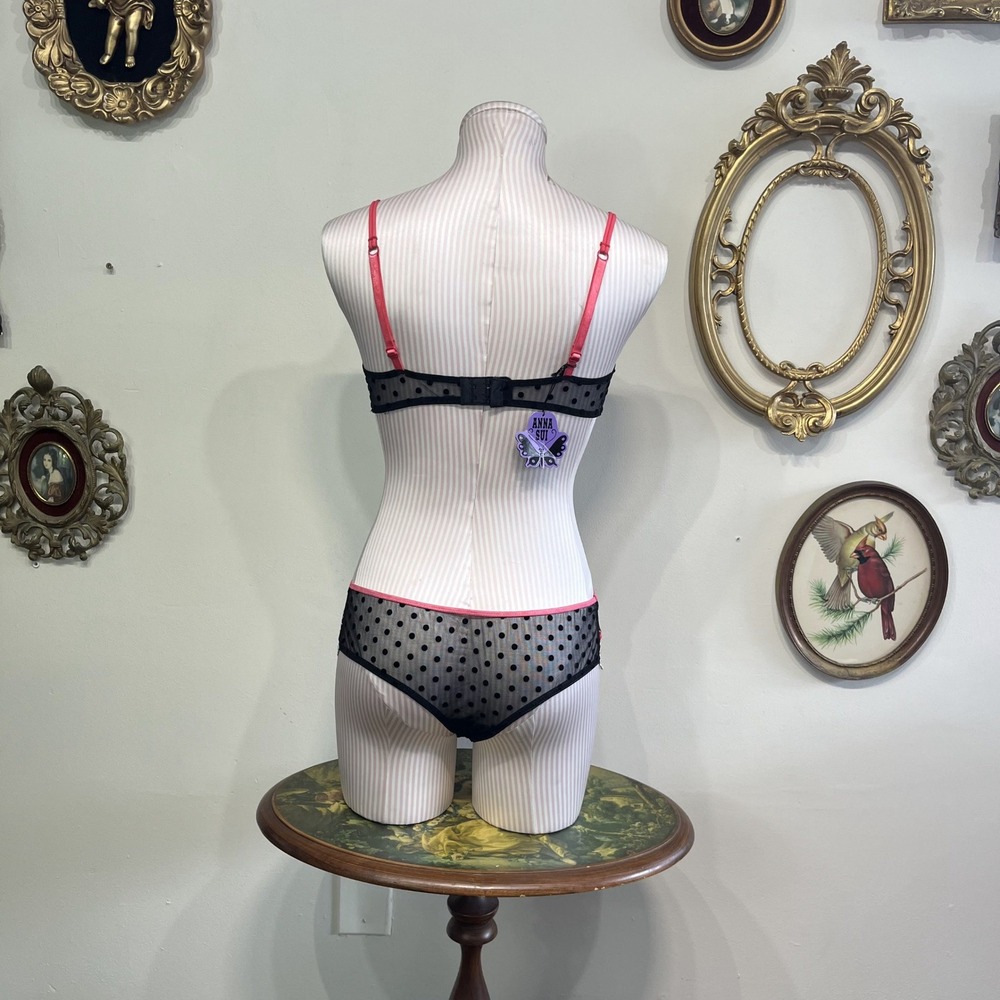 Anna Sui Polka Dot Lingerie Set Black Pink Mesh Bra Panty Size 34B